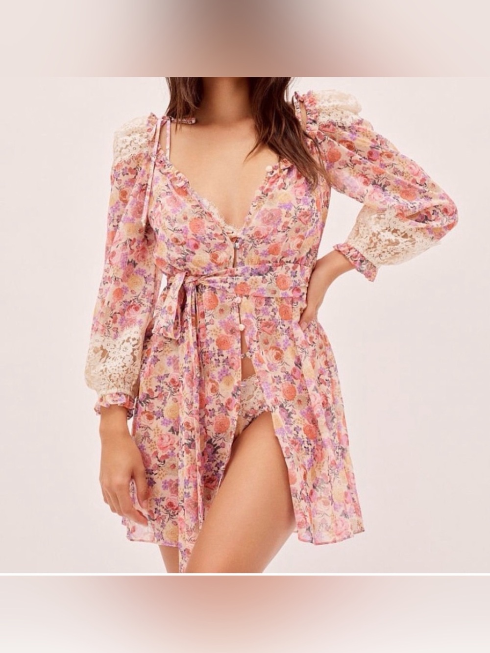 FOR LOVE & LEMONS FOR VICTORIA'S SECRET MOONSEA FLORAL lace trim Robe